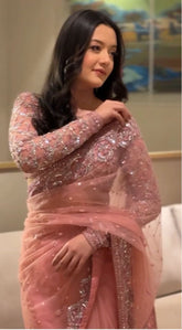 Trendy Pink Net with Embroidery Work Saree